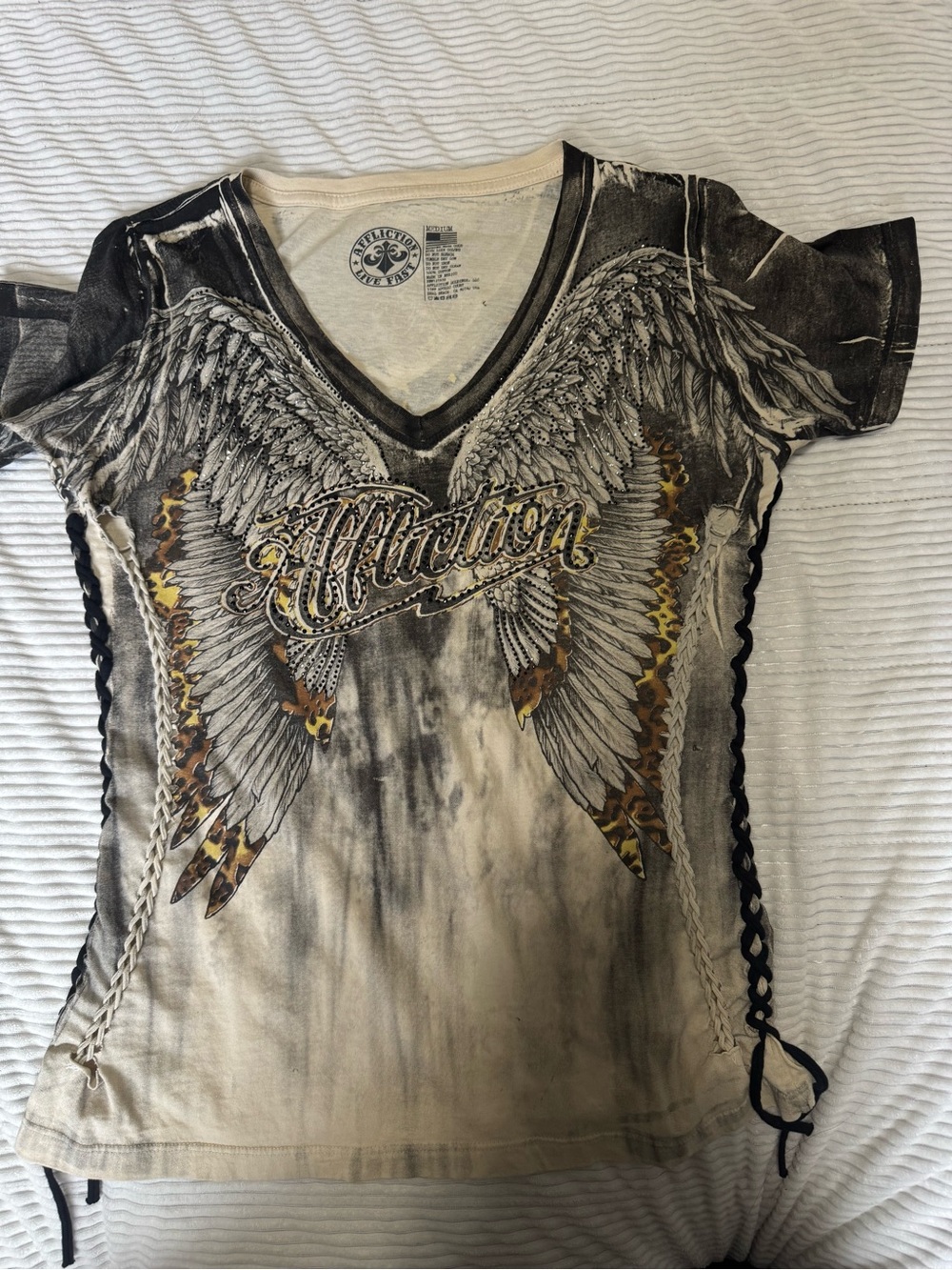 Affliction Black, Beige & Gold Wing Graphic V-Neck Tee with Side Lacing